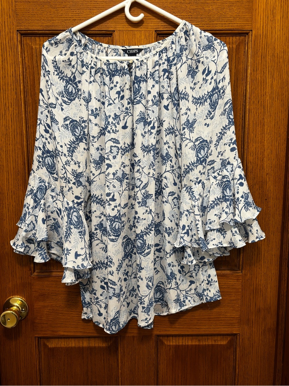 Chaps Blue & White Floral Tiered Ruffle Bell Sleeve Peasant Blouse Sz XL.
